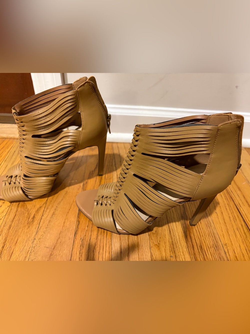 BCBG Strappy Tan Cutout High Heel Sandal